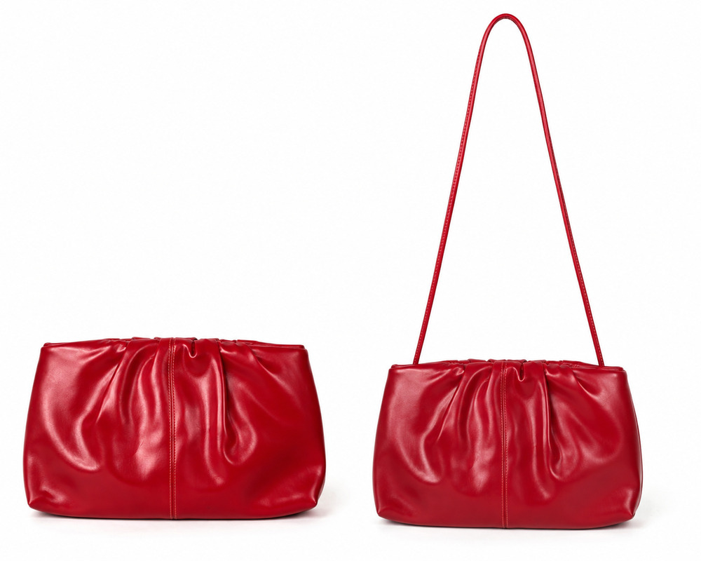 Red Ruched Faux Leather Shoulder Bag Clutch Purse Push Bar Evening Statement Y2K